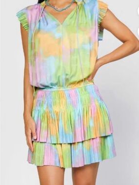MINI DRESS WITH PLEATED SKIRT & SHORT SLEEVE - COTTON CANDY